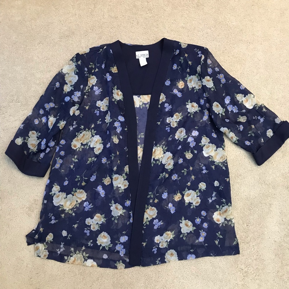 Vintage 80s Sheer Floral Kimono Cardigan Size 18W Navy Yellow Roses USA Made